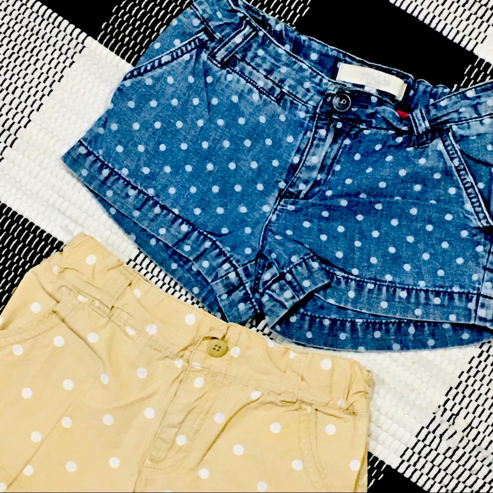 2 pair polka dot cotton denim shorts - girl school summer 6 — tan blue